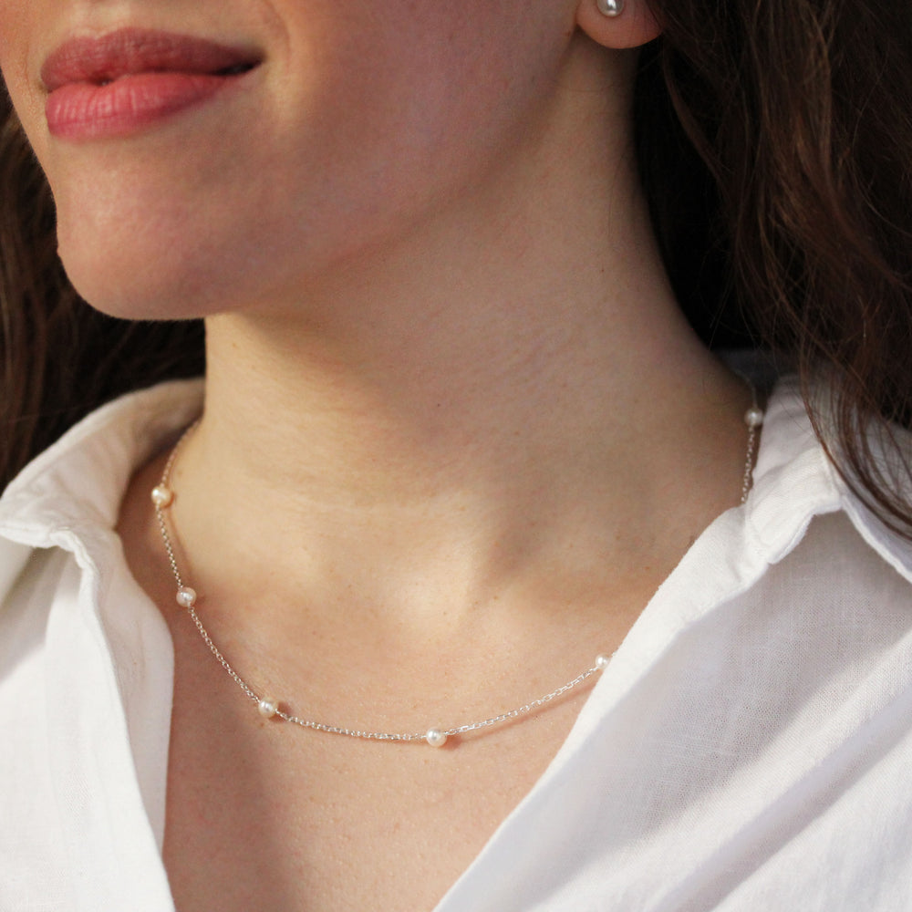 Delicate Pearl Station Necklace, Sterling Silver